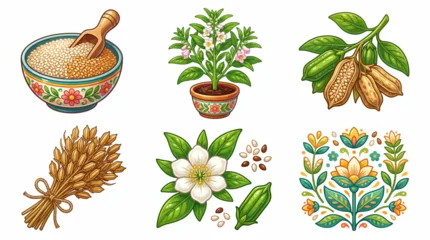 Sesame Seed Plant Illustration Set Featuring Seeds in a Bowl, Growing Plant in Pot, Seed Pods, Stalks, and Floral Patterns for Culinary and Botanical Designs © CHAMOD 