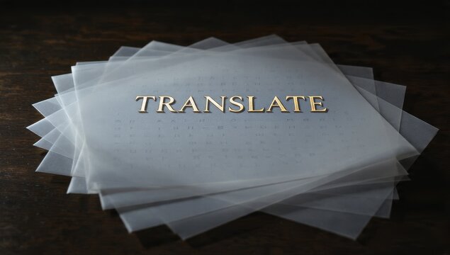 Stack of translation papers, documents for interpretation, language services, multilingual texts