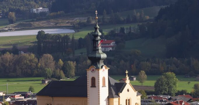 Scenic church bell tower rising over a european town