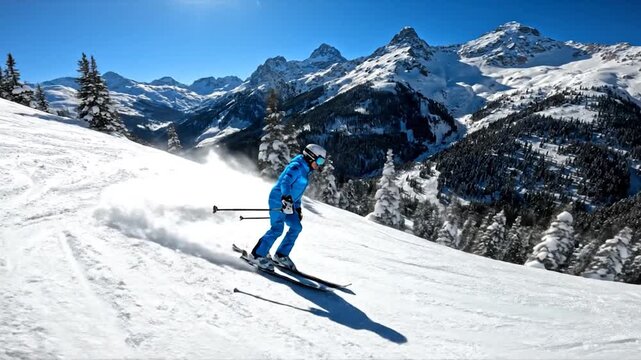 A person in winter sports gear skis down a snowy mountain slope on a bright, sunny day, creating a trail of snow