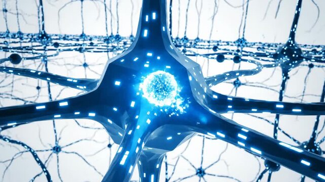 A glowing blue neuron with an illuminated cell body and branching dendrites on a white background