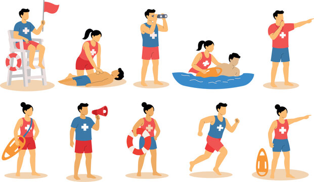 Cartoon illustrations of lifeguards performing various rescue and surveillance duties at a beach or pool.