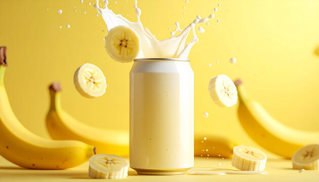 Healthy banana drink splashing out of can surrounded by ripe bananas and slices on yellow background
