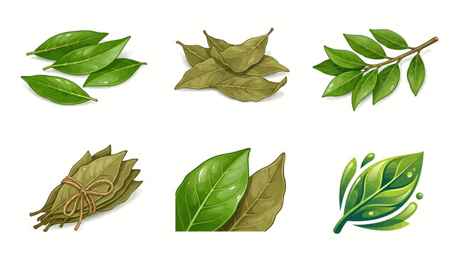 Set of Vector Illustrations of Fresh and Dried Bay Leaves Isolated on White Background for Culinary Design, Cooking Herbs, Spices, and Organic Food Graphics.