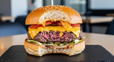 Classic cheeseburger with a bite taken out featuring melted cheddar tomato and lettuce on a sesame seed bun high-quality