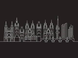 Naklejka premium Prague City Skyline Outline Illustration - Minimalist Line Art of Czech Republic Landmarks on Black Background