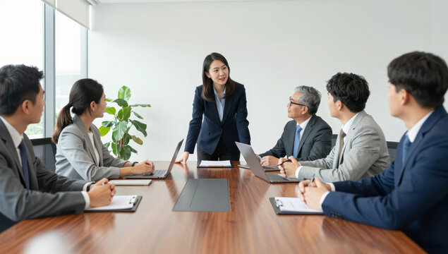 Young office worker leading confident team meeting around conference table with laptops notebooks and discussion in bright modern boardroom
