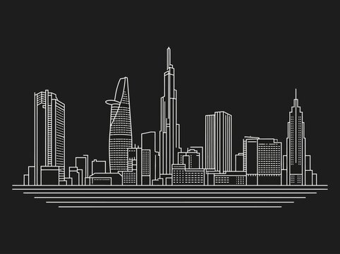 Minimalist White Line Art of Ho Chi Minh City (Saigon) Skyline on Black Background - Vietnam City Landscape Vector Illustration