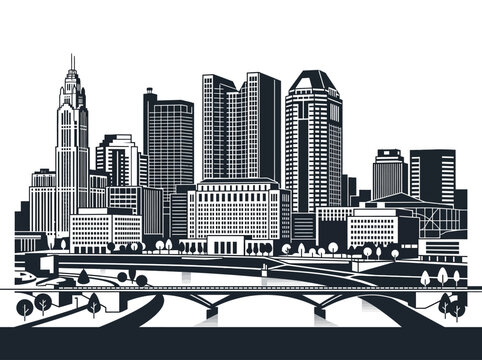 Columbus Ohio City Skyline Illustration, Minimalist Black and White Vector of Urban Landscape and Skyscrapers