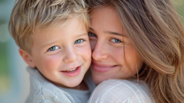 child hugging mother tightly smiling, natural light, candid emotion, raw photography
