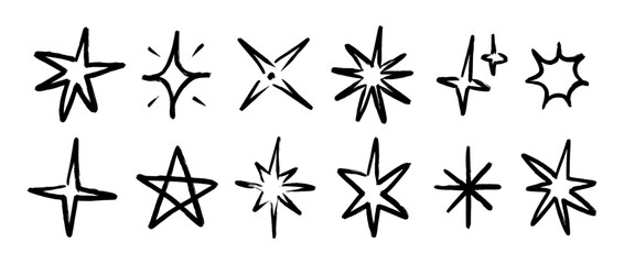 Obraz premium Black crayon hand drawn stars set. Grunge rough brush stroke shine element pack for collage, poster, sticker, label. Childish doodle sparks and sparkles collection. Vector wax pencil sketch asterisks
