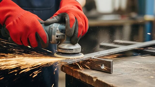 Close-up of hands in red gloves using an angle grinder on metal, creating sparks.