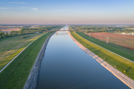 Chain of Rocks Canal of Mississippi River above St Louis with tugboats and barges - aerial view