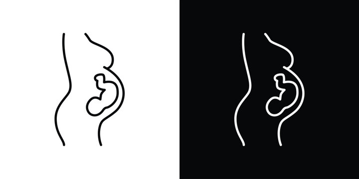 Single icon of elegant line art depiction of a pregnant woman showing the fetus in utero, representing human development, motherhood, and the journey of expectant parents. 