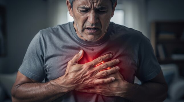 A middle-aged man clutching his chest in pain, indicating a possible heart attack or severe chest discomfort.
