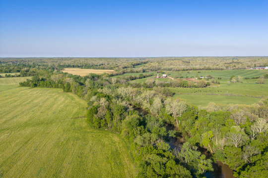 Rural landscape of Missouri Ozarks along the Bourbeuse River near Rosebud - springtime aerial view