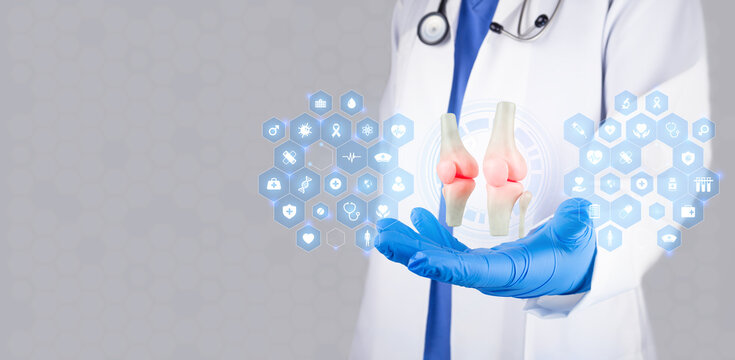 The specialist examines the knee, performs an orthopedic exam, assesses joint health, treats degenerative diseases, and diagnoses bone health, including knee osteoarthritis. Modern medicine.