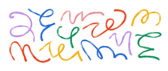 Obraz premium Colorful hand drawn organic lines collection. Thin brush stroke squiggle shape set. Crayon curly wave element bundle. Wiggly scribble pack for party poster. Vector charcoal chalk serpentine streamers