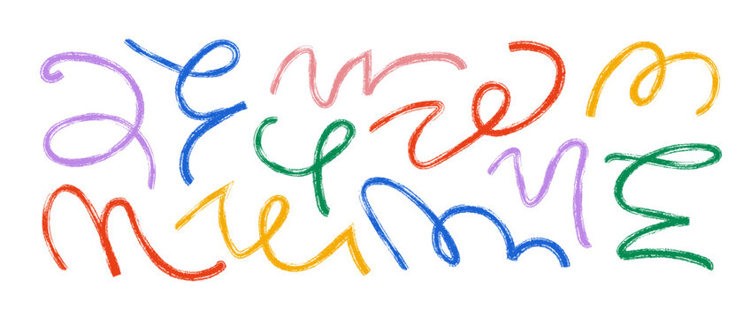 Colorful hand drawn organic lines collection. Thin brush stroke squiggle shape set. Crayon curly wave element bundle. Wiggly scribble pack for party poster. Vector charcoal chalk serpentine streamers