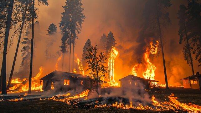 Forest fire destroying houses with intense flames and smoke environmental disaster concept