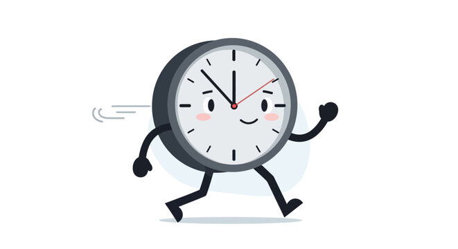 Cartoon Clock Character Running Fast with Happy Expression.