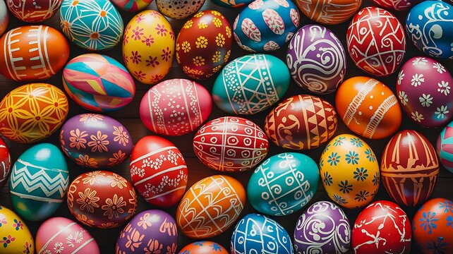 Colorful decorated easter eggs collection with traditional patterns and festive design