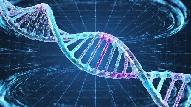 A detailed illustration of a double helix structure, representing the concept of genetic information and biological science, with a futuristic