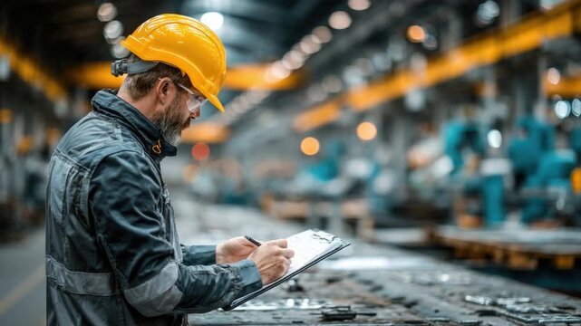 Factory Inspection: A focused factory worker diligently inspects and records details on a clipboard amid the industrial landscape.