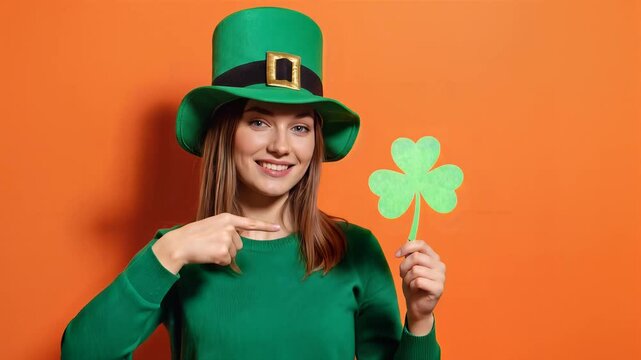 St. Patricks Day Celebration - Woman in Green Hat Holding Shamrock.
