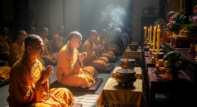 Monks Praying in Temple.