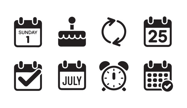 Date and time related vector icons, easy to edit, black and white set.
