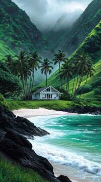Tropical motion footage of a secluded coastal house amidst lush green mountains and palm trees with ocean waves crashing