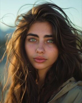 Woman with windswept hair and bright green eyes looking into camera outdoor motion clip