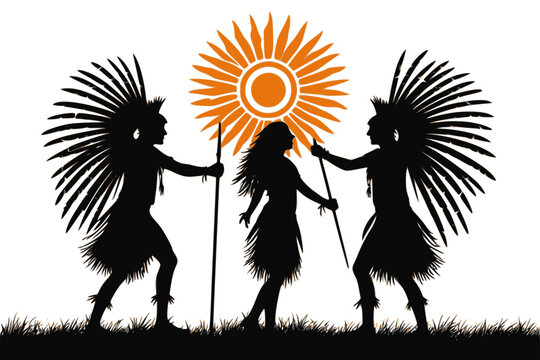 Inti Raymi Ritual with Inca Priests Holding Sun Symbol Staffs, Traditional Peruvian Festival Vector Art