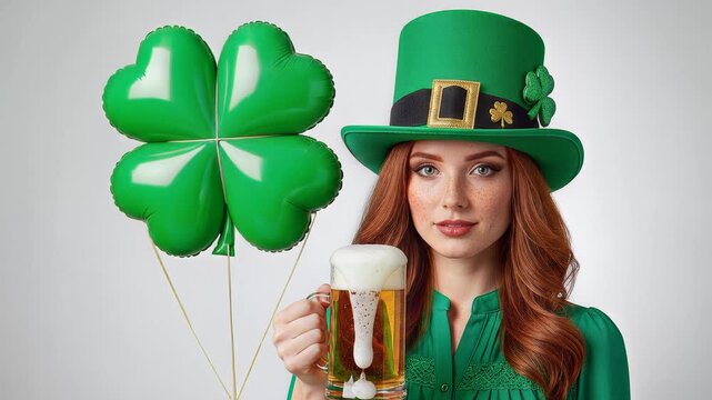 St. Patricks Day Celebration - Woman with Beer and Clover Balloons.