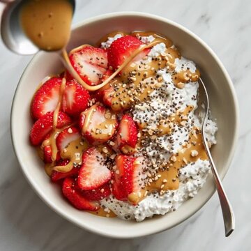 Delicious cottage cheese bowl with strawberries, peanut butter, and chia seeds for healthy breakfast video clip