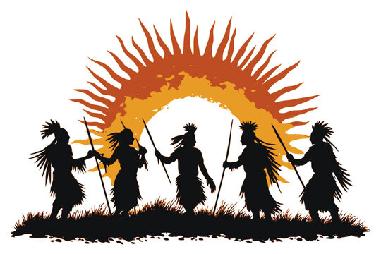 Inti Raymi festival silhouettes with sun god and traditional dancers for cultural poster design