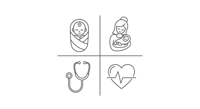 Pregnancy, Birth, Baby Care, Motherhood Icons: Newborn, Mom Holding Infant, Stethoscope, Heartbeat