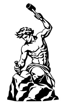 Muscular Greek god Hephaestus blacksmith forging metal on anvil rock with hammer and chisel, classical mythology craftsman bold black lineart illustration isolated on background