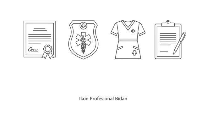 Medical Icons: Certificate, Caduceus Badge, Scrubs, Clipboard with Pen - Healthcare Professional Symbols