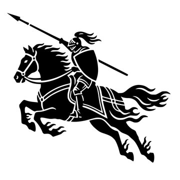 Medieval armored knight on charging warhorse with lance spear and flowing mane, dynamic cavalry warrior bold black silhouette illustration isolated on background