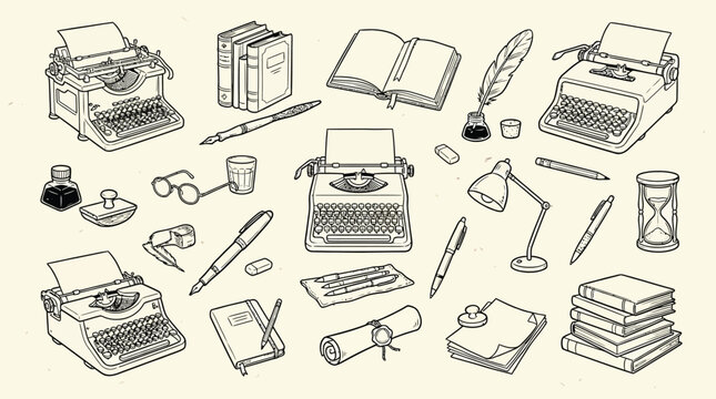 A collection of vintage writing tools and office supplies, including typewriters, pens, inkwells, books, and a desk lamp, all rendered in a detailed line art style.