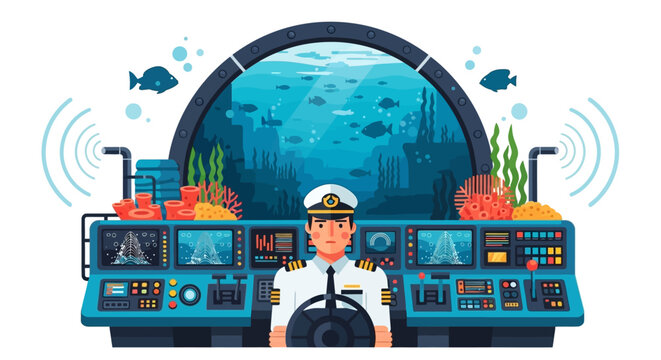 Captain in submarine control room steering wheel.