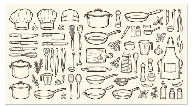 A comprehensive collection of hand-drawn kitchenware and cooking utensils, presented in a vintage illustration style.