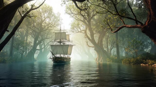 Mystical Ship Sailing Through Enchanted Forest River Landscape.
