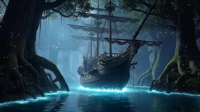 Mystical Shipwreck in Enchanted Forest with Glowing Water and Ancient Trees.