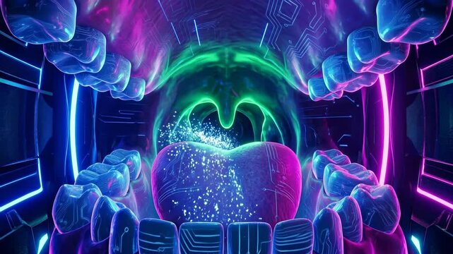 Abstract Digital Mouth Cavity with Neon Lights and Glittering Particles.