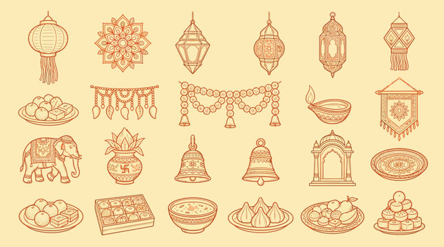 A charming collection of Indian cultural icons and festive decorations, including lanterns, sweets, and traditional motifs, presented in a warm, sepia-toned illustration.