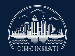 Fototapeta premium Cincinnati Ohio City Skyline Minimalist Line Art Illustration on Dark Blue Background