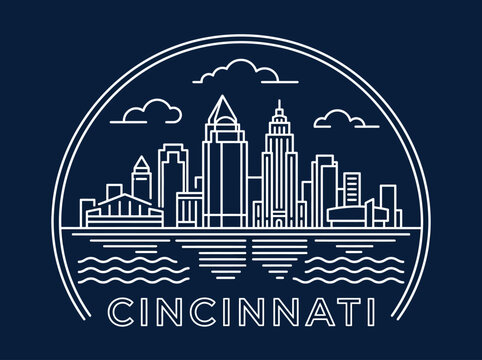 Cincinnati Ohio City Skyline Minimalist Line Art Illustration on Dark Blue Background